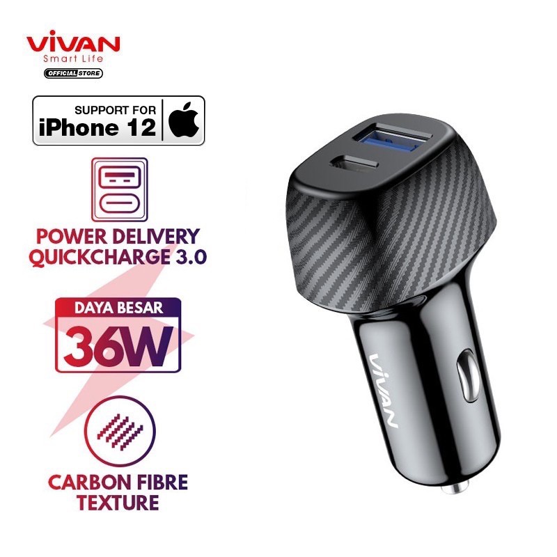 VIVAN Car Charger Dual Port Type C (PD) &amp; USB (QC3.0) 36W 6A Support iPhone 12 CC02P / Sever Vivan