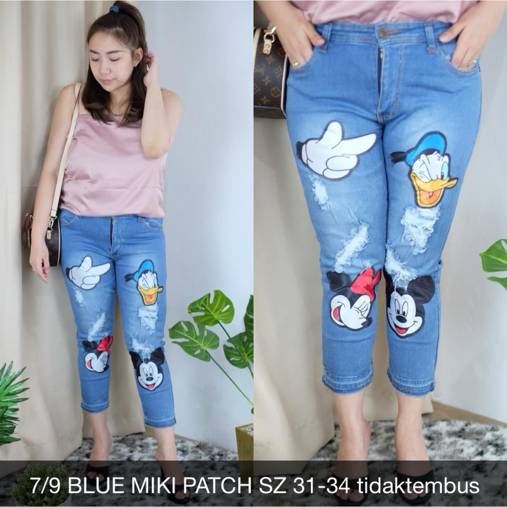 CELANA JEANS WANITA MOTIF MICKEY MOUSE JEANS 7/9 MIKI PATCH BLUE