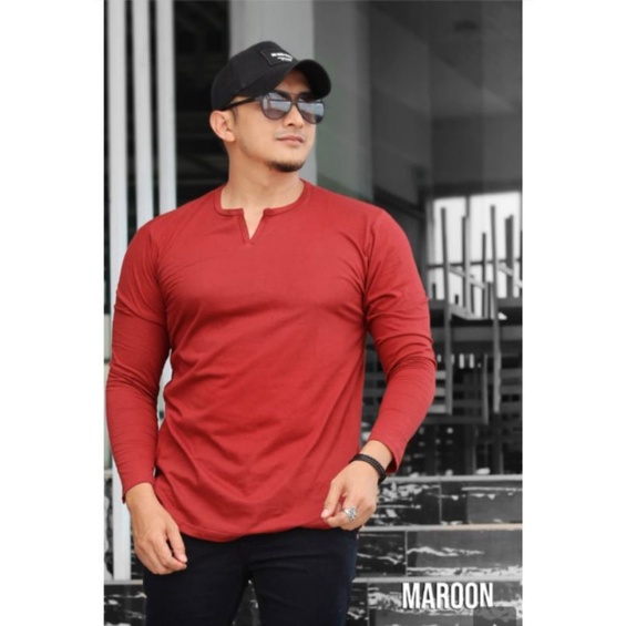 Atasan Pria Kurta Oval Leher V / Kaos Pria Distro Lengan Panjang /  Baju T-shirt Model V Terbaru