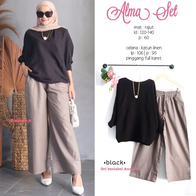 alma set setelan mat rajut celana katun linen pinggang full karet annora