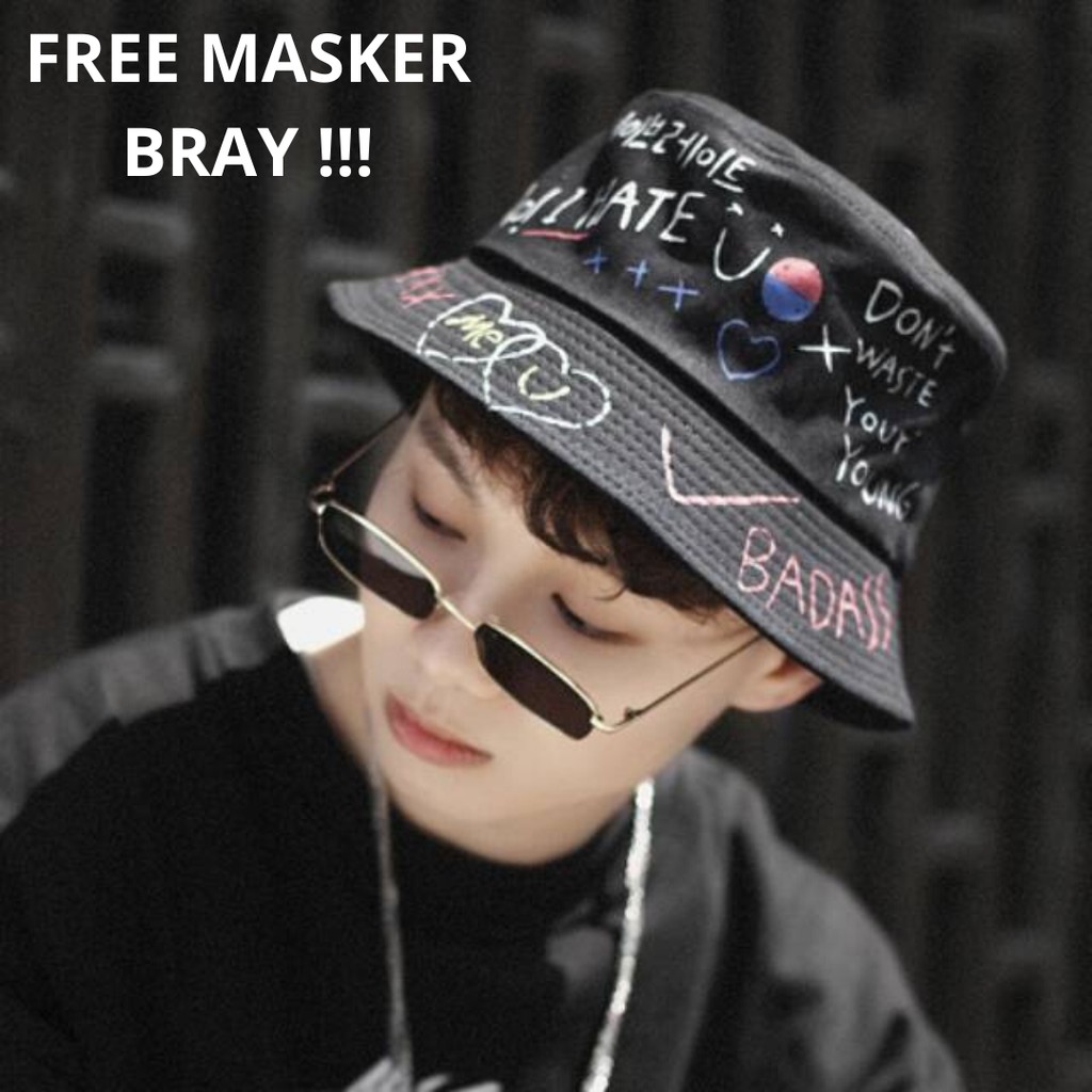 TOPI BUCKET KOREA SABLON BADAS BOLAK BALIK FISHERMAN 