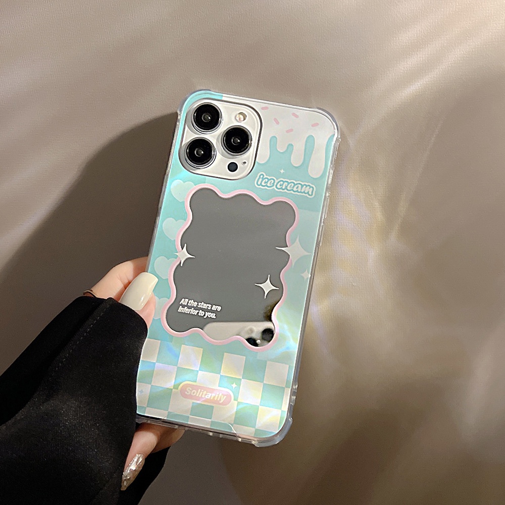 Cream Biru Kotak-Kotak Musim Panas Cermin Ponsel Case Cover Dengan Manik-Manik Rantai Untuk7 8 PLUS X XR XS 11 12 13 14 Mini PRO MAX SE 2020 Pelindung Musim Panas