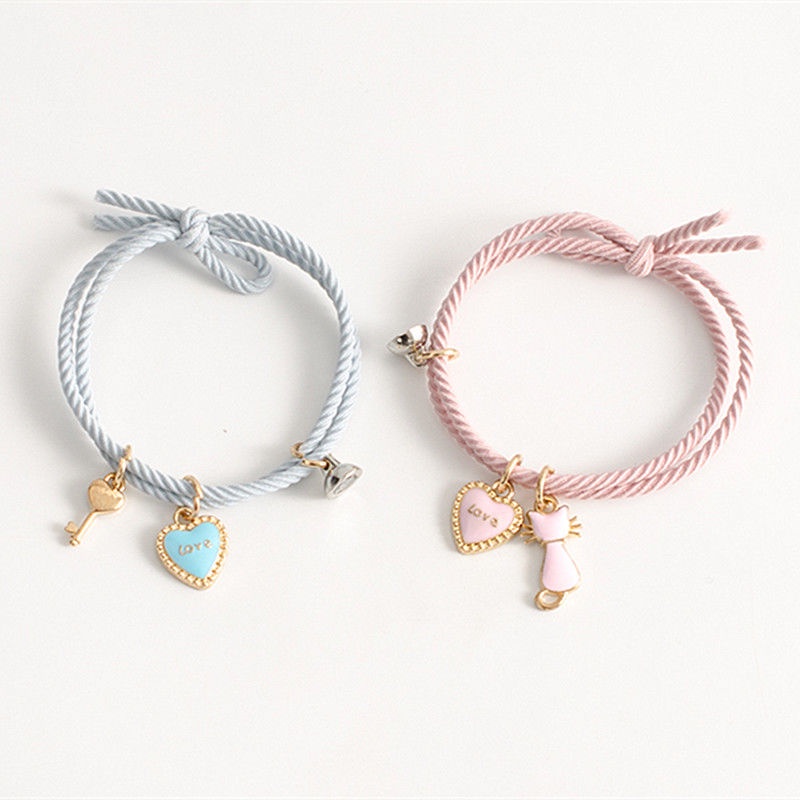 【MHANG】2 PCS/Gelang Tali Hati Kucing Persik Kartun Yang Lucu Gelang Pasangan Cinta Pink Romantis Magnet Fashion Menarik Perhiasan Hadiah Ulang Tahun Untuk Pacar