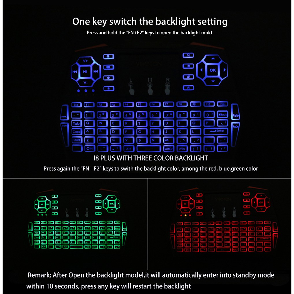 Keyboard Wireless VIBOTON i8 Plus 2.4GHz Wireless  3-Color Backlight (biru,hijau,merah)