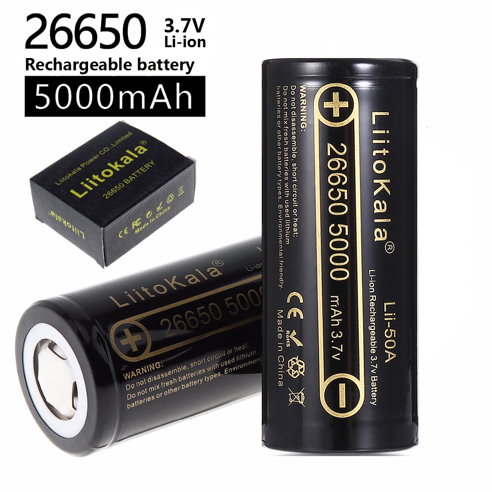 LiitoKala lii-50A 26650 5000mah lithium battery 3.7V 5000mAh 26650 rechargeable battery 26650-50