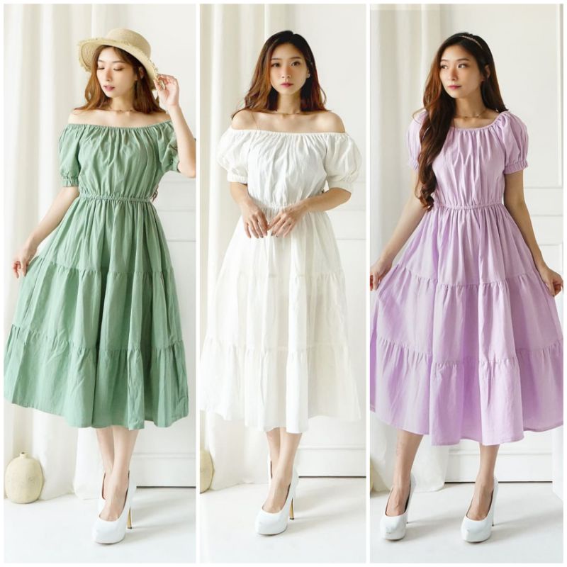 ❣️ SPECIAL PRICE ♡ PREMIUM ♡ ORIGINAL ! NANCY VINTAGE PLAIN 2 WAYS SABRINA TRAP LAYER FLARE LONG MIDI RUFFLE DRESS