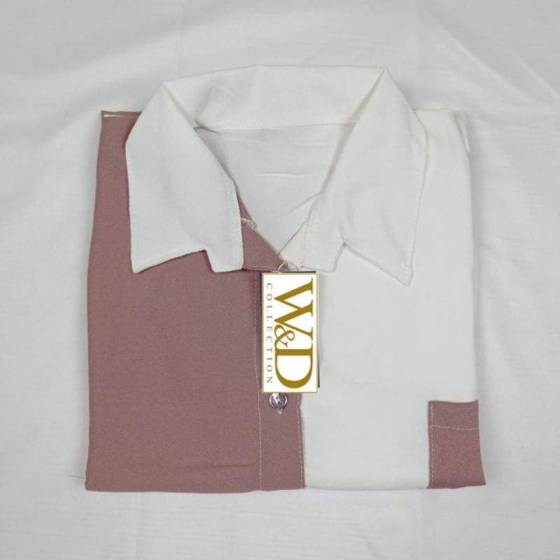 Kemeja Wanita Atasan Blouse Casual Polos Kombinasi Warna Lengan Panjang Baju Cewe Model Pinguin-Salem