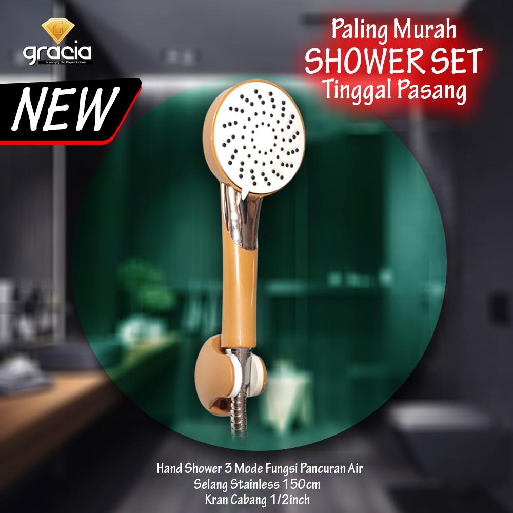 Kepala Hand Shower Head Mandi Gold 3 Mode Besar Selang + Kran Cabang / Spray Bidet