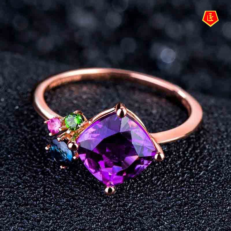 [Ready Stock]Elegant Personality Rose Gold Color Gemstone Amethyst Ring