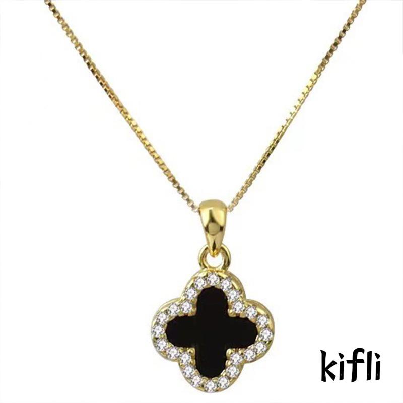 Kalung Rantai Liontin Daun Clover Hias Kristal Zircon Mewah Untuk Wanita (KD)