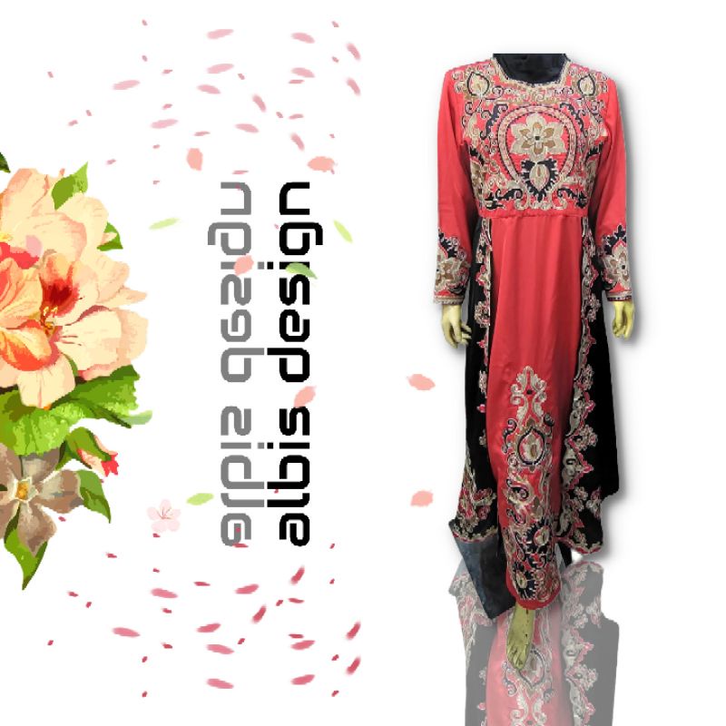 Gamis Albis bordir Stik Merah Rumbai Hitam