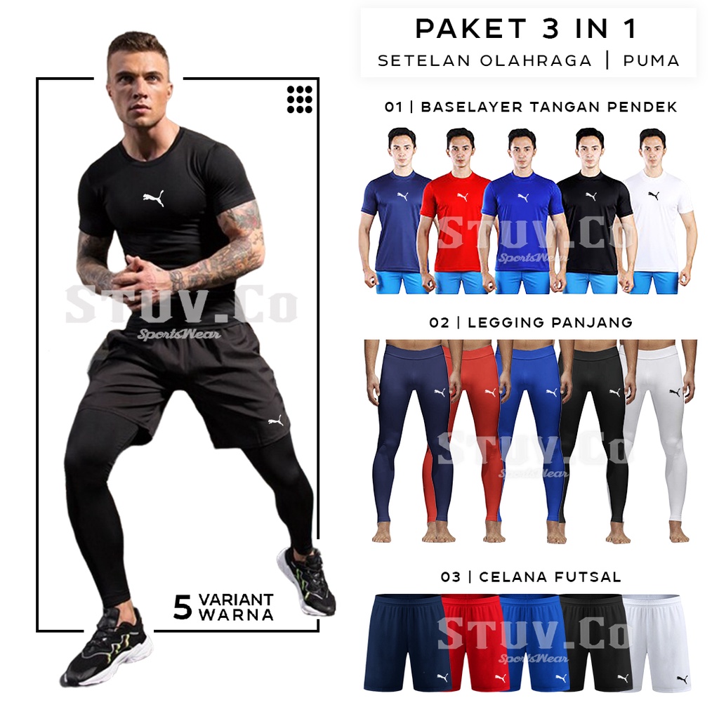 3IN1 STELAN OLAHRAGA MANSET BASELAYER TANGAN PENDEK LEGGING PANJANG DAN CELANA FUTSAL UNISEX KEREN