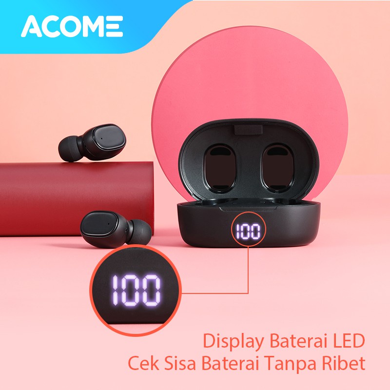 Acome Headset Earphone Bluetooth 5.0 TWS LED Garansi Resmi 1 Tahun Airdots T1