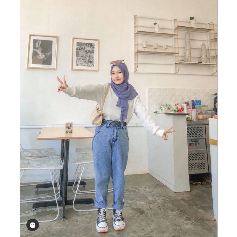 Felicity Boyfriend / celana jeans baggy wanita highwaist karet stretch melar putih hijau white biru snow black