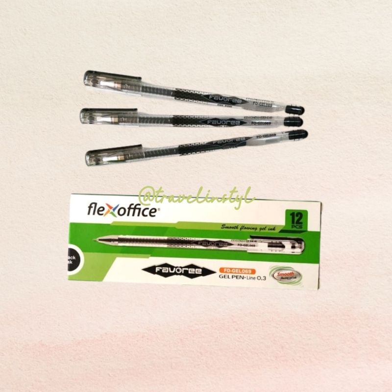 

FLEXOFFICE Gel Ink Pen Favoree Pulpen Gel Warna Hitam 1 Lusin