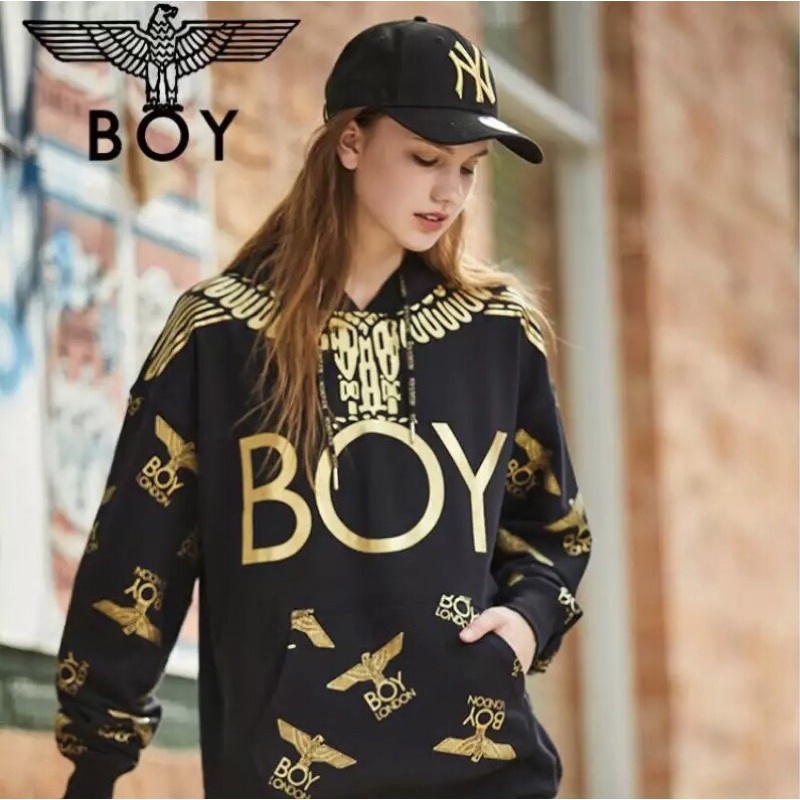 BOY29 SWEATER HOODIE BOY LONDON IMPORT GOLD ON BLACK PRIA WANITA BIG OVER SIZE