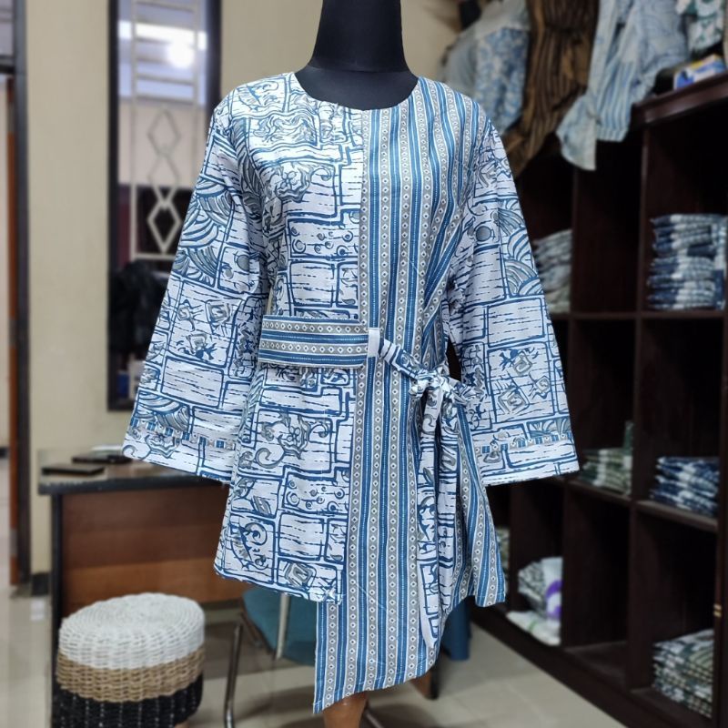 tey-17 Batik wanita ASJ SA HRB026 Kenongo Kemeja Tosca Pendek-REMEKAN BIRU