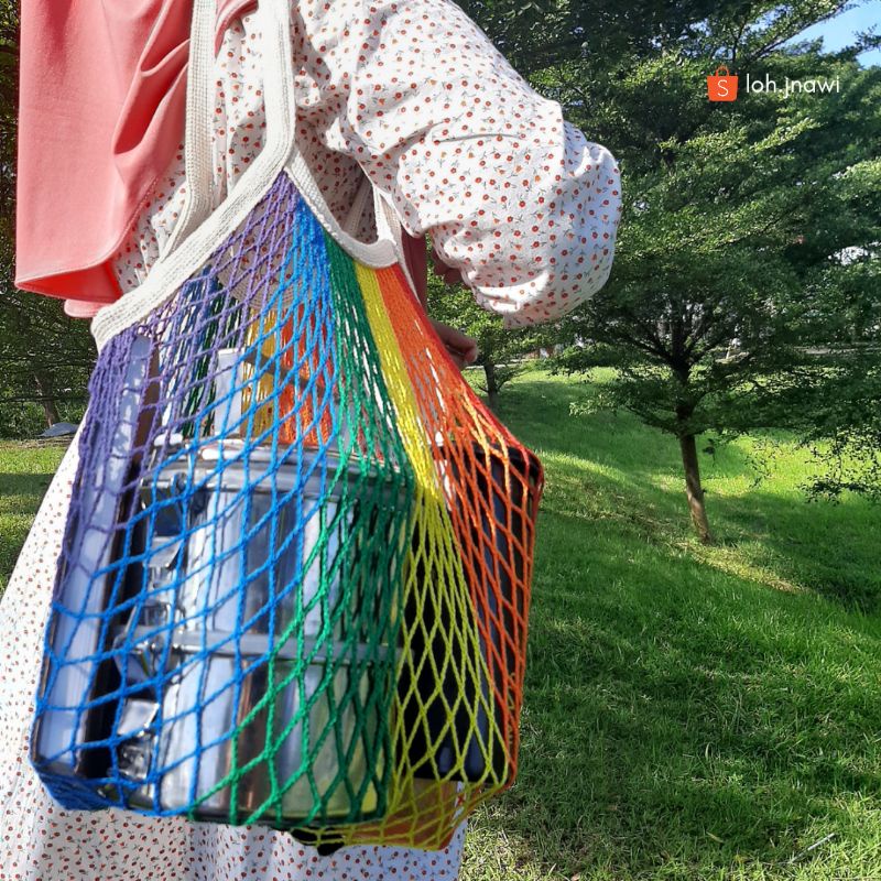 Tas Belanja Jaring Katun Motif Rainbow Tas Jaring Tas Pantai Reusable Bag Cotton Mesh Bag Net Bag Grocery Bag Fishing Net Tote Bag Tas Ramah Lingkungan