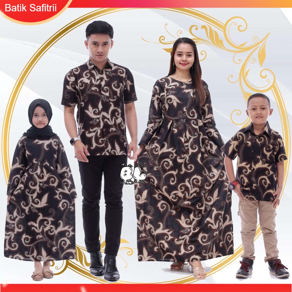 Couple Keluarga - Batik Keluarga HIjab - Ibu Bapak Anak - Motif Tanaman Kangkung Hitam - Dress Tunik