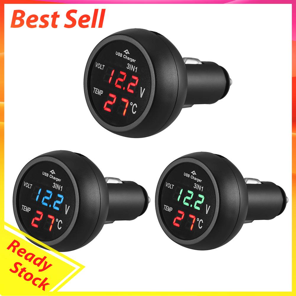 3 in 1 Voltmeter Digital LED 12 / 24V + Termometer + Charger USB