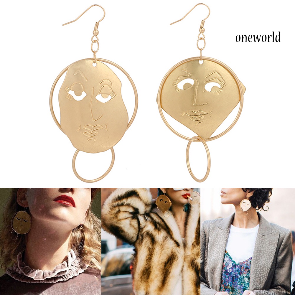 OW@ Fashion Carving Asymmetric Human Face Hoop Women Hook Earrings Jewelry Decor