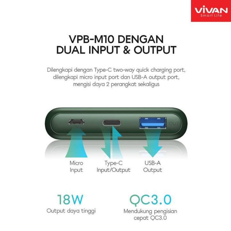 VIVAN M-10 Power Bank 10000mAh PD QC3.0 Fast Charging 18W Powerbank 2 Input 2 Output 18Watt Original