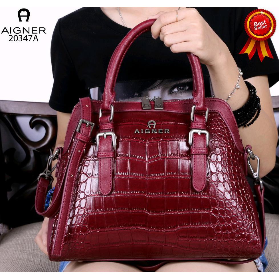 tas wanita Aigner handbag croco kulit mewah elegan branded import set tali panjang selempang best