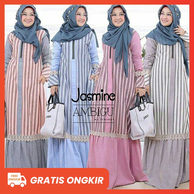JASMINE, GAMIS Dress Panjang Maxi Rok Variasi Renda KATUN Motif Garis - AMBIGU BY IRWINOV, Pakaian B