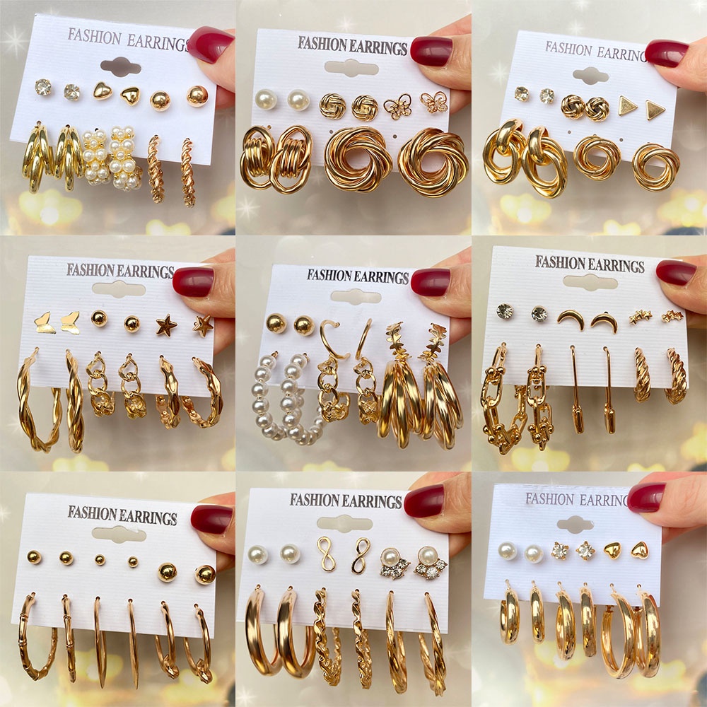 AY(CN) 6 Pairs/Set Fashion Pearl Resin Stud Earrings Set Circle Butterfly Gold Metal Earring Women Jewelry Accessories Gift