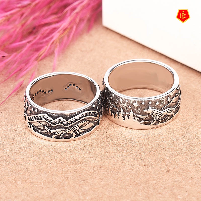 [Ready Stock]925 Retro Carved Loyal Wolf Inlaid Diamond Couple Ring