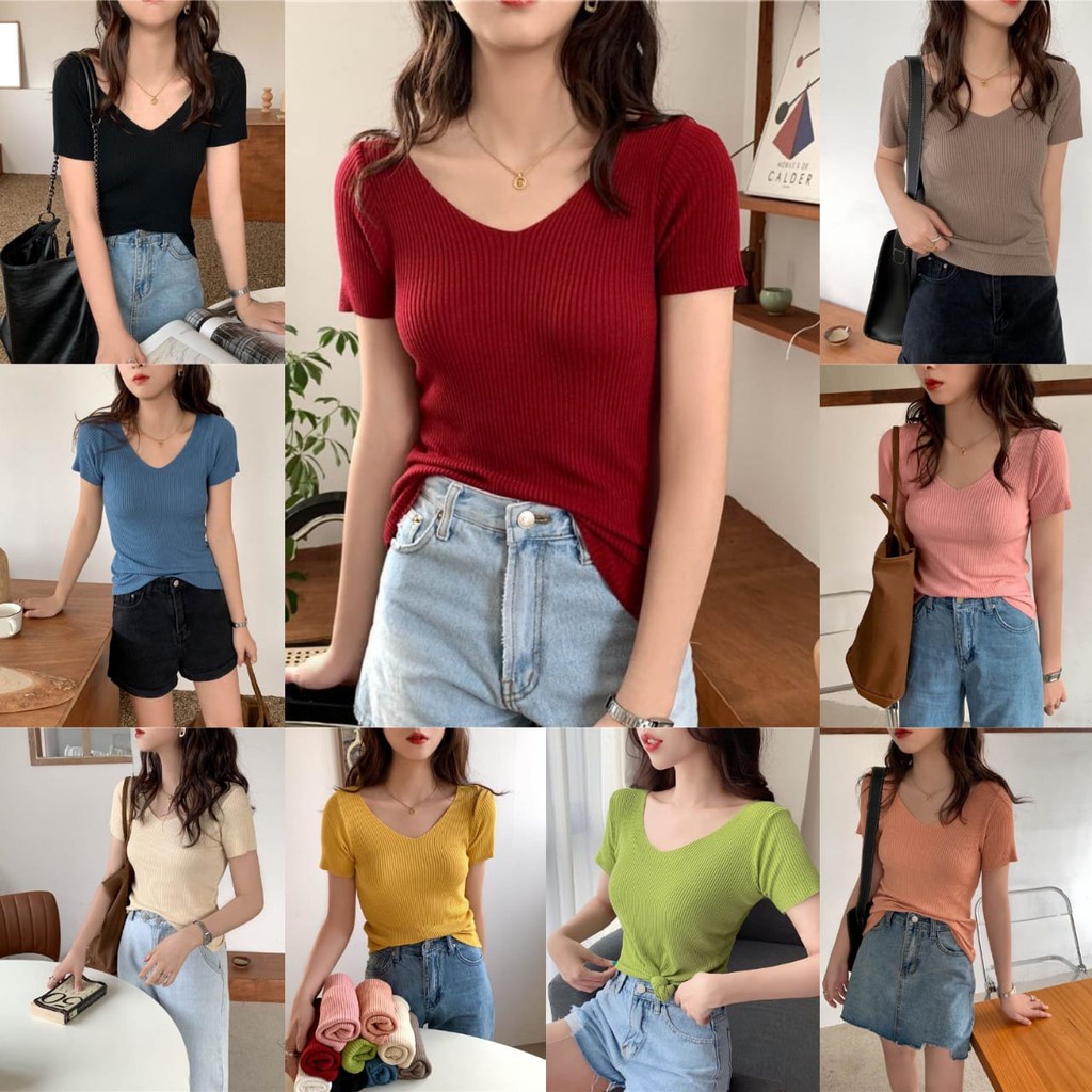 Korean V-Neck T-Shirt Wanita Rajut Lengan Pendek//atasan rajut wanita murah