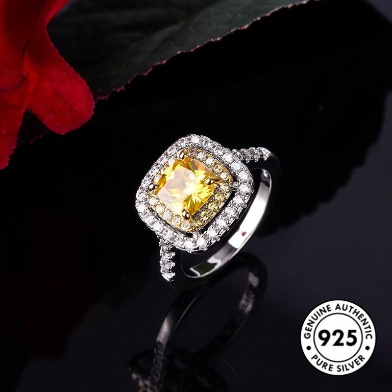 Cincin Berlian Kuning Bahan S925 Silver Untuk Wanita