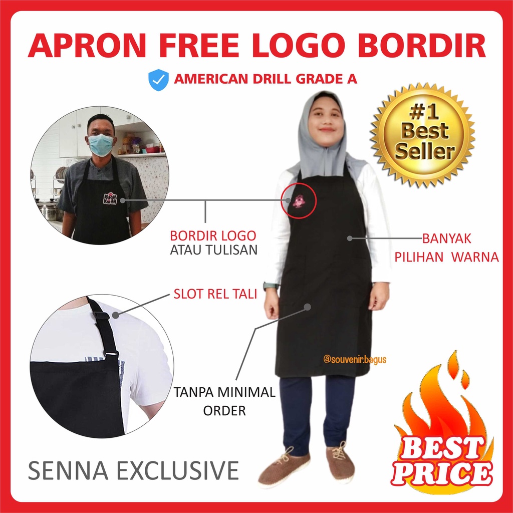 Apron Masak Custom Drill Celemek bordir nama atau logo 8cm Celemek Masak Drill Restoran Bisa order satuan