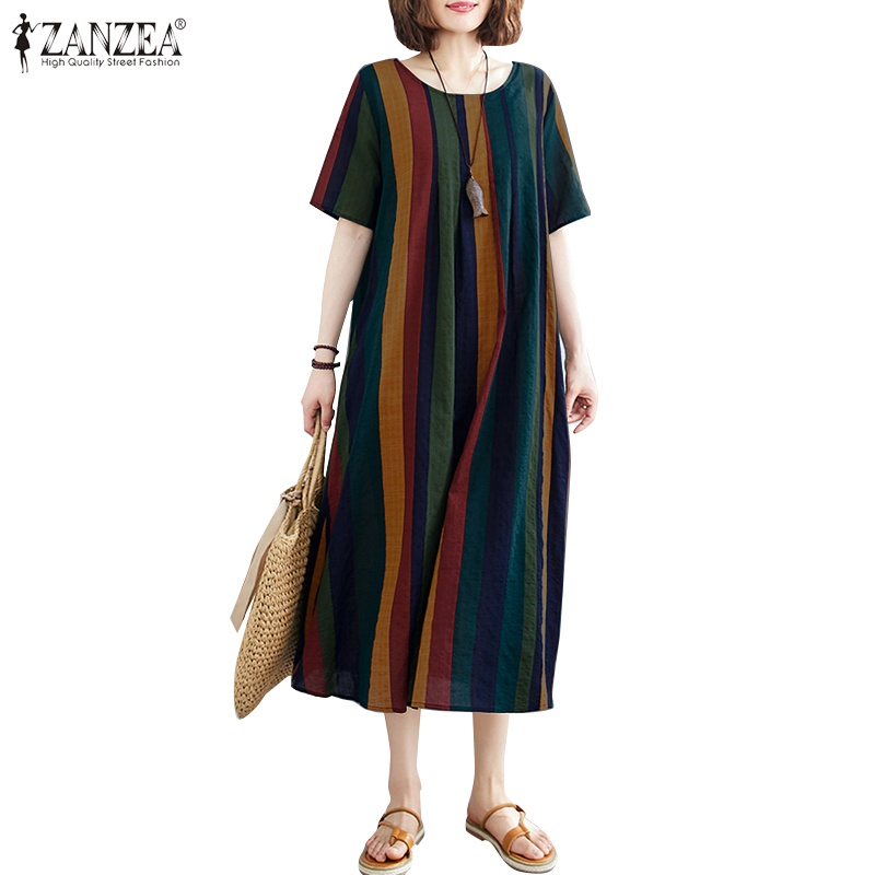 ZANZEA Women Short Sleeve Striped Vintage Flare Swing Maxi Dress