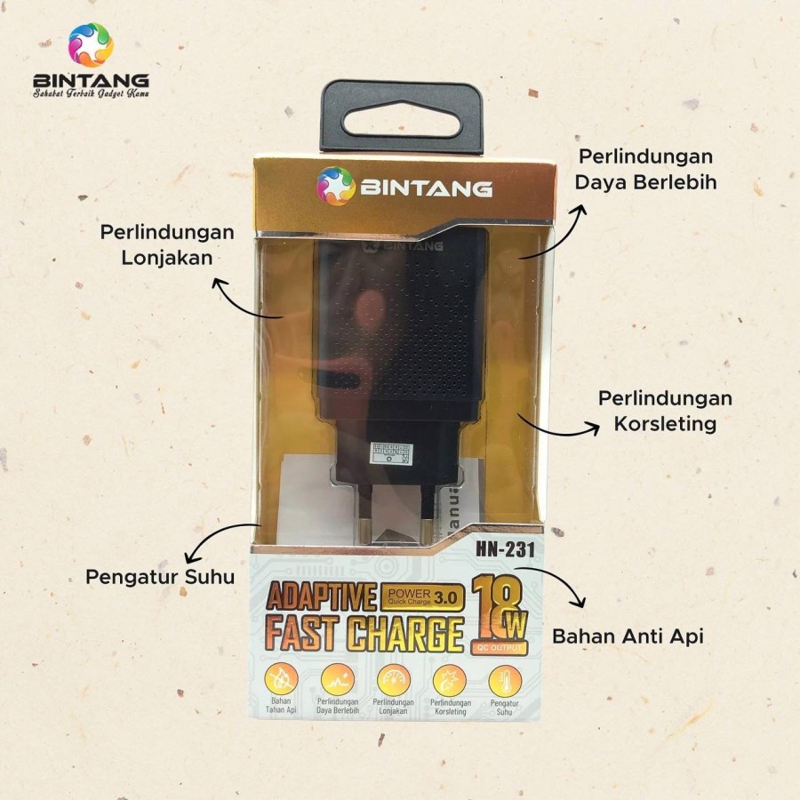 BATOK CHARGER BINTANG HN-231 9V/2A QC 3.0 FAST CHARGER