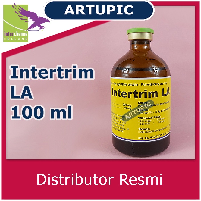 Intertrim LA 100 ml Obat infeksi pencernaan pernafasan perkencingan oleh bakteri Ecoli Haemophilus Pasteurella Salmonella Staphylococcus Streptococcus pada sapi kambing domba babi