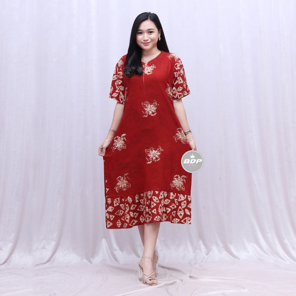 Dianputri - Daster Maura Batik Cap Rayon Grade A Motif Terbaru Busui Resleting Depan - Baju Tidur Daster Kekinian-maula merah