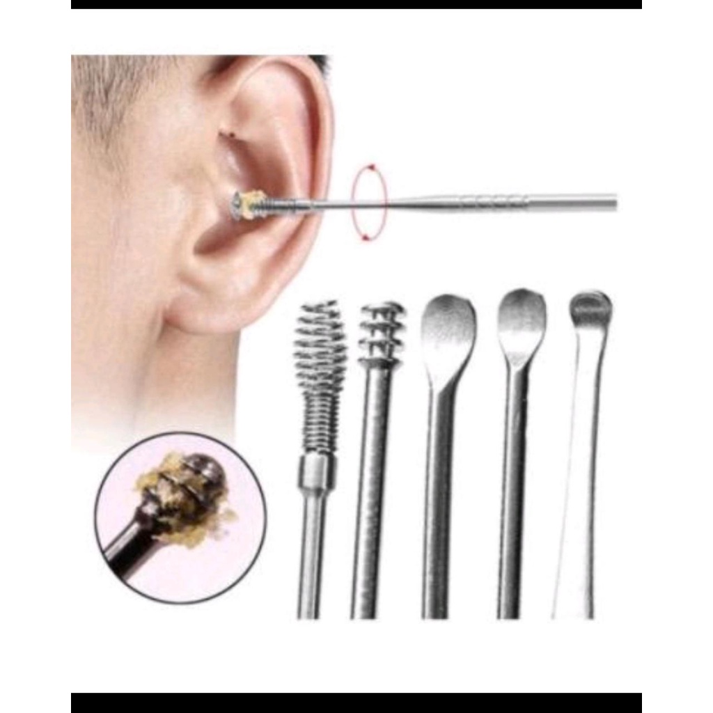 (GS8)Korek Kuping /Alat Pembersih Kotoran Telinga Set Isi 5 Bahan Stainless