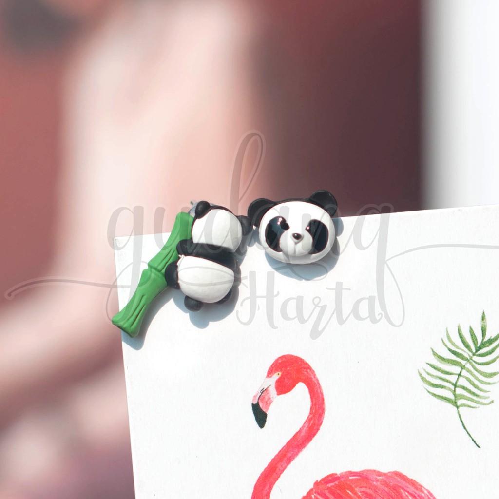 Anting Stud Mini Panda and Bamboo Asimetris Lucu GH 203571