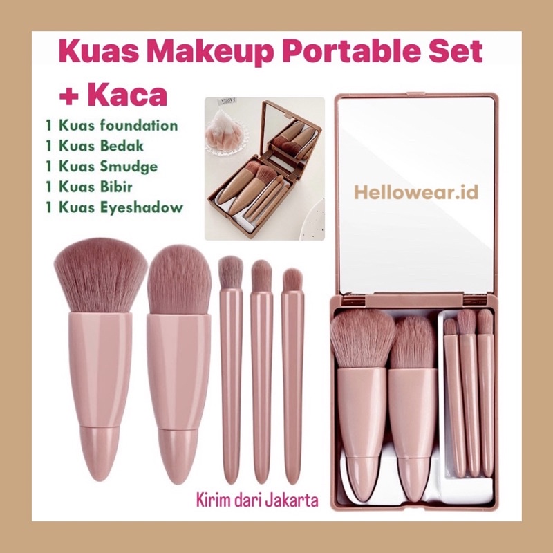 SET KUAS MAKEUP KACA 5pcs BRUSH MAKEUP KACA 5 in 1 KUAS TRAVEL CERMIN PORTABLE BRUSH untuk eyeshadow blushon contouring