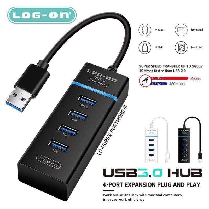 USB HUB LOG-ON LO-HUB03 4 PORT USB 3.0 TO USB 3.0 ORIGINAL Sambungan USB HUB LOG ON LO-HUB03 4PORT USB3.0 TO USB3.0 ORIGINAL