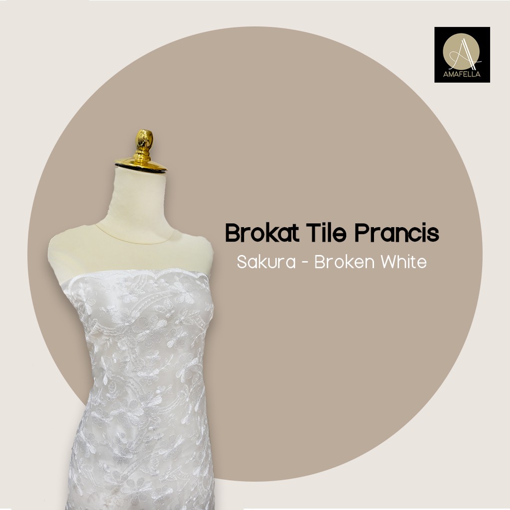 1/2 meter Kain Brokat Tile Prancis Bahan Kebaya Motif Sakura Warna Broken White