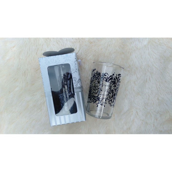SOUVENIR GELAS PERNIKAHAN GELAS JAMU BENING KEMAS BOX SABLON CUSTOM