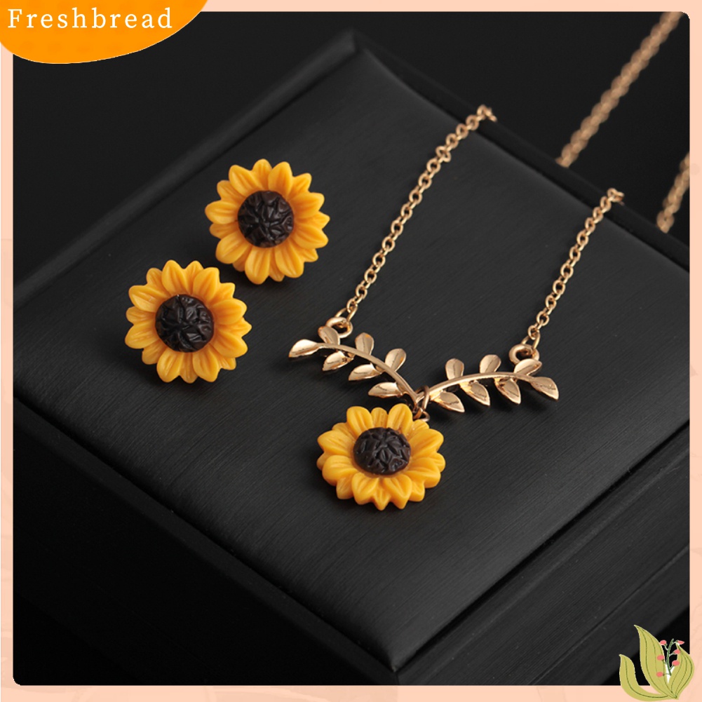 【Fresh】❀Cute Sunflower Leaves Pendant Ear Studs Earrings Necklace Women Jewelry Set Gift