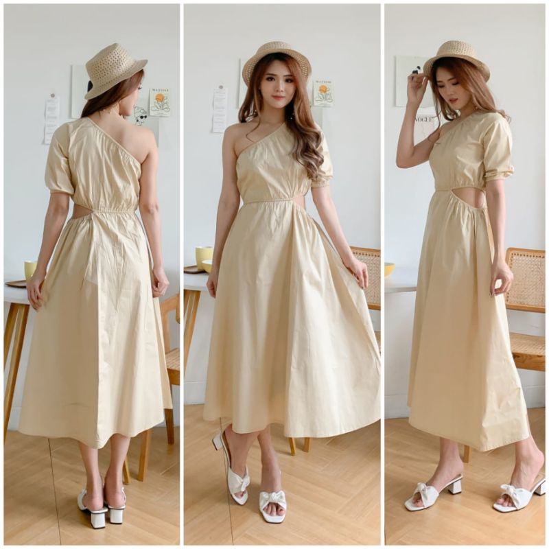 ❣️ SPECIAL PRICE ♡ PREMIUM ♡ ORIGINAL ! ANGIE VINTAGE PLAIN ONE SHOULDER SIDE LESS MIDI PARTY DRESS