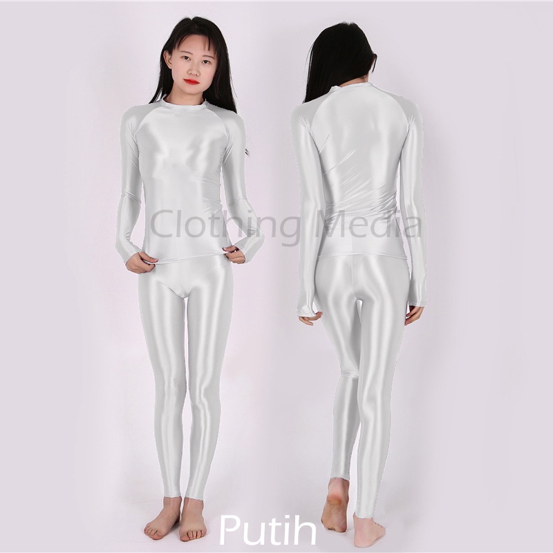 Setelan Silky Baju Lengan Panjang Celana Legging Bodysuit Glossy Manset Halus