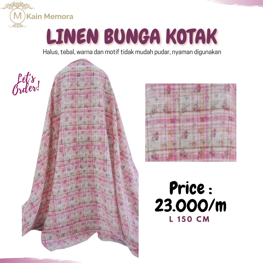 Kain Memora Kain Katun Linen Bunga Kotak Lebar 150 cm Promo Murah Banget