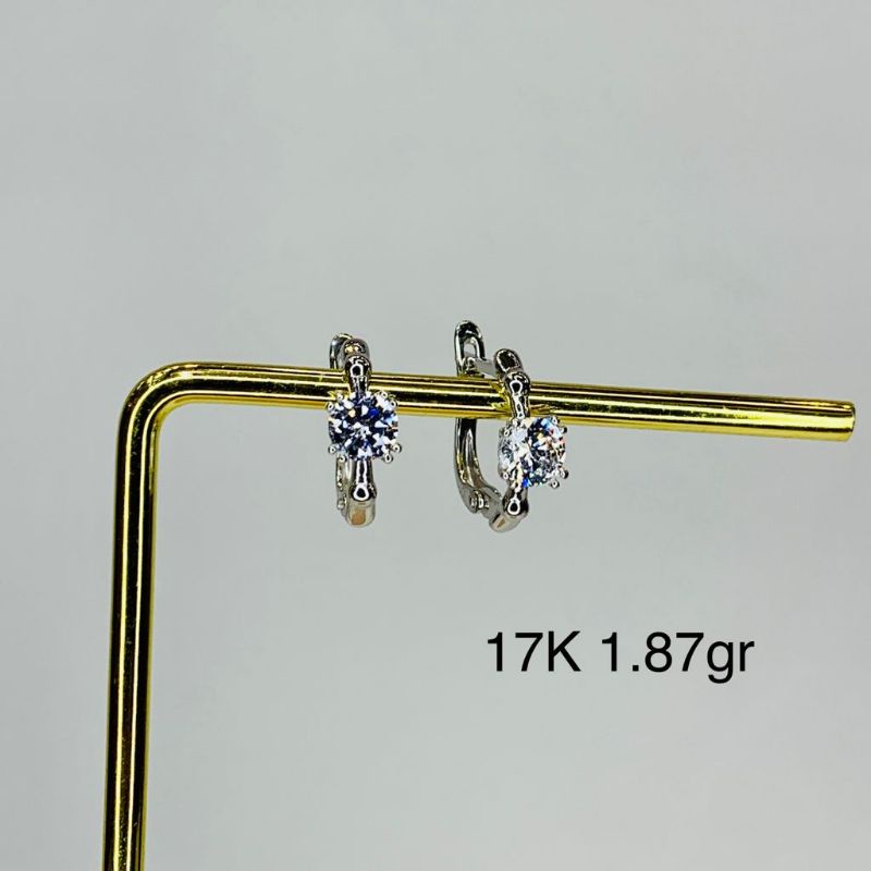 Anting Giwang Jepit Solitaire Emas Asli Kadar 750 17K Putih Model Bunga Batu Permata Zircon