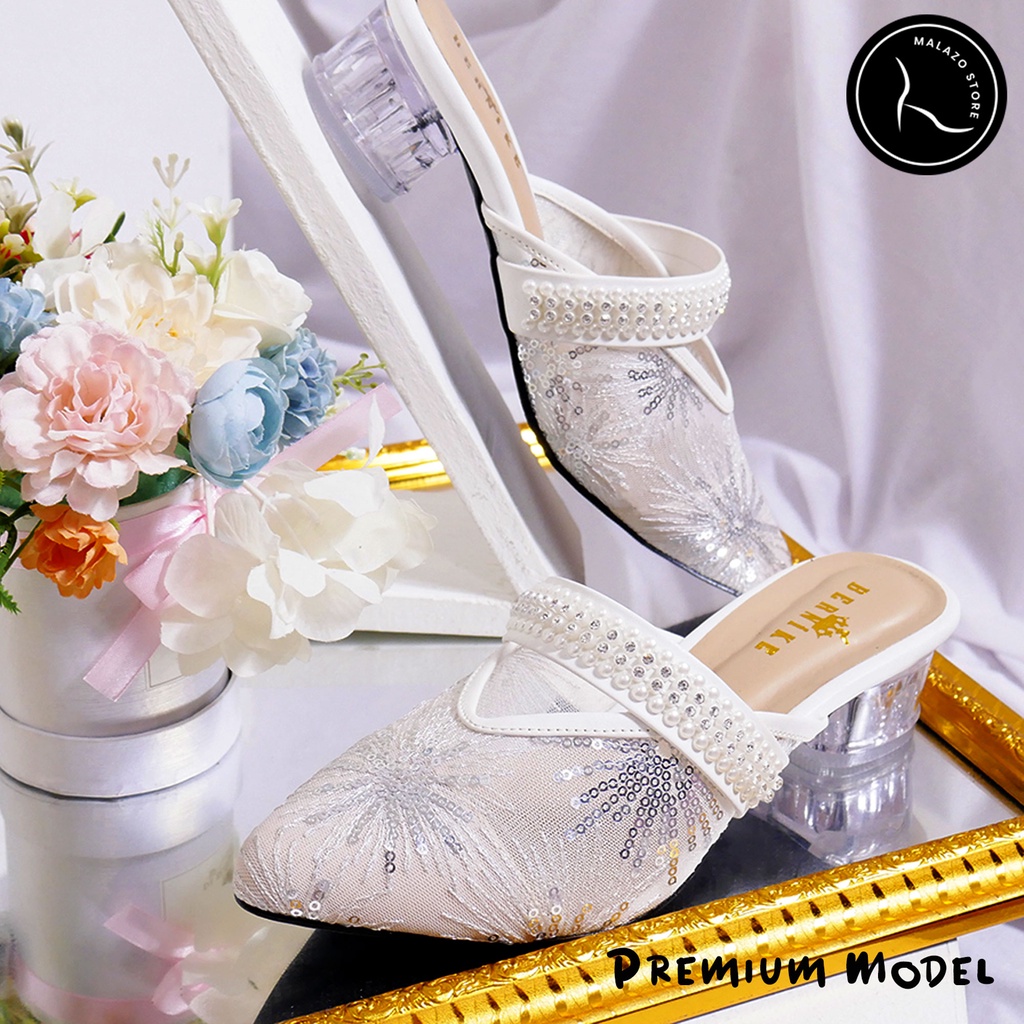Sepatu sandal sendal wedding shoes hak heels hils tapak tumit tahu kaca payet putih hitam hantaran seserahan pesta nikah pengantin wanita kekinian premium terbaru-PUTIH