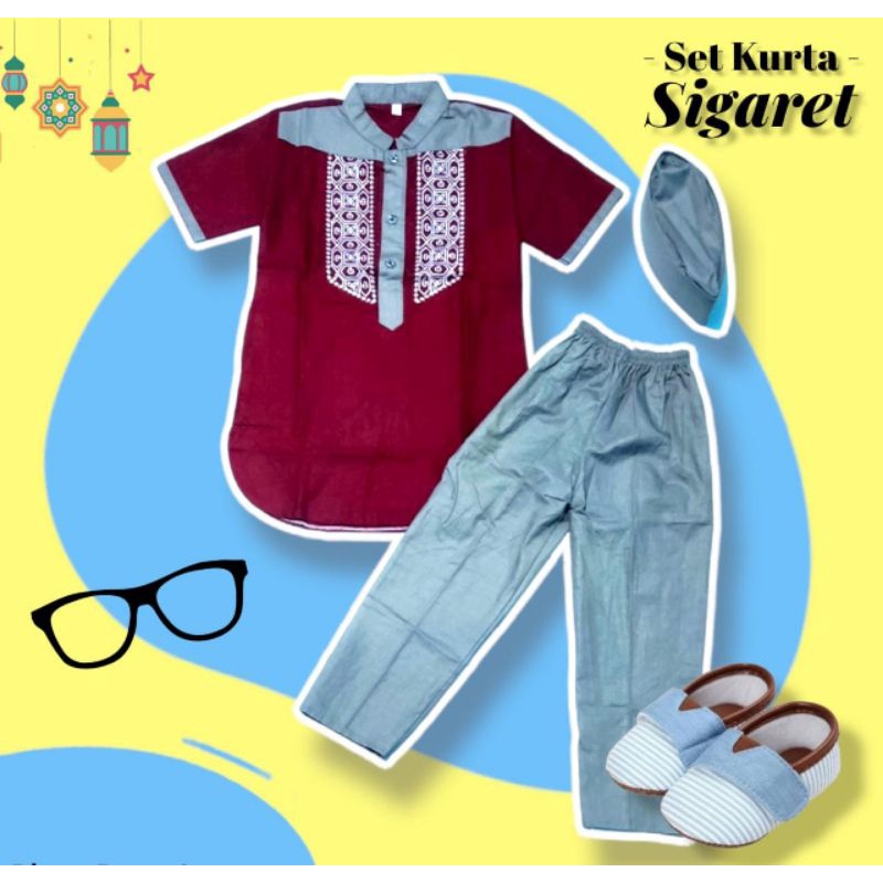 SETELAN KOKO KURTA SIGARET PENDEK // KOKO ANAK BORDIR // KOKO MODERN// KOKO ANAK 1 SAMPAI 12 TAHUN // GEMILANG CLOTHING